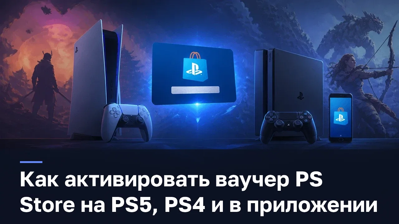 Как активировать ваучер PS Store на PS5, PS4 и в приложении — оригинальная редакционная AI-иллюстрация RUSHB, не игровой скриншот