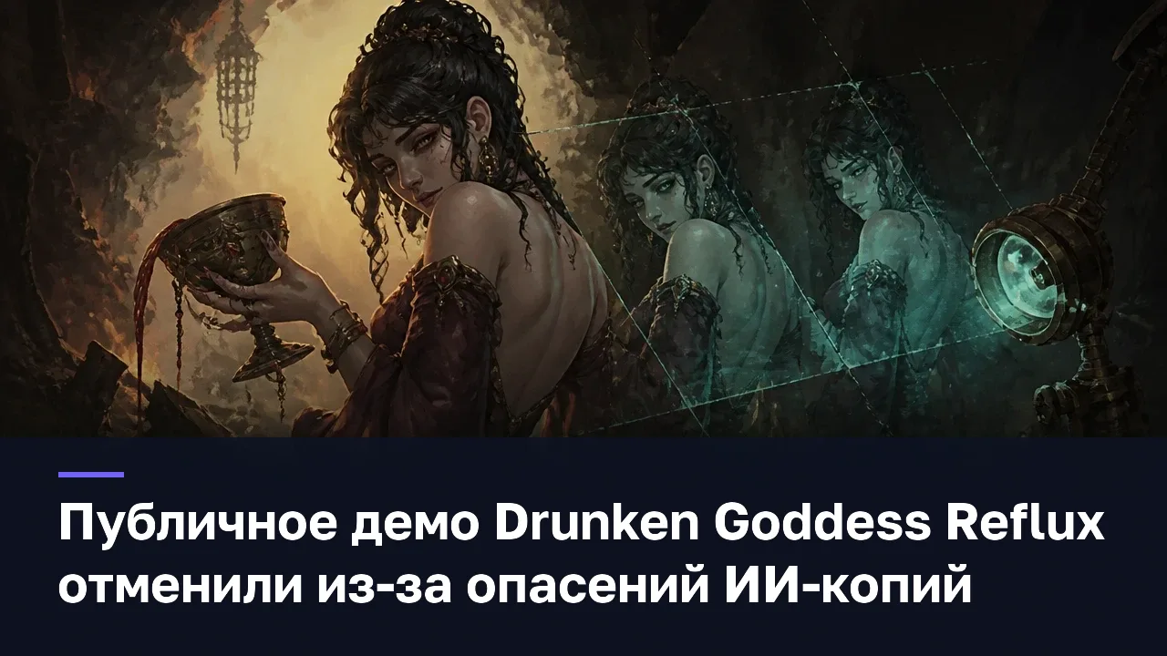 Публичное демо Drunken Goddess Reflux отменили из-за опасений ИИ-копий — оригинальная редакционная AI-иллюстрация RUSHB, не игровой скриншот