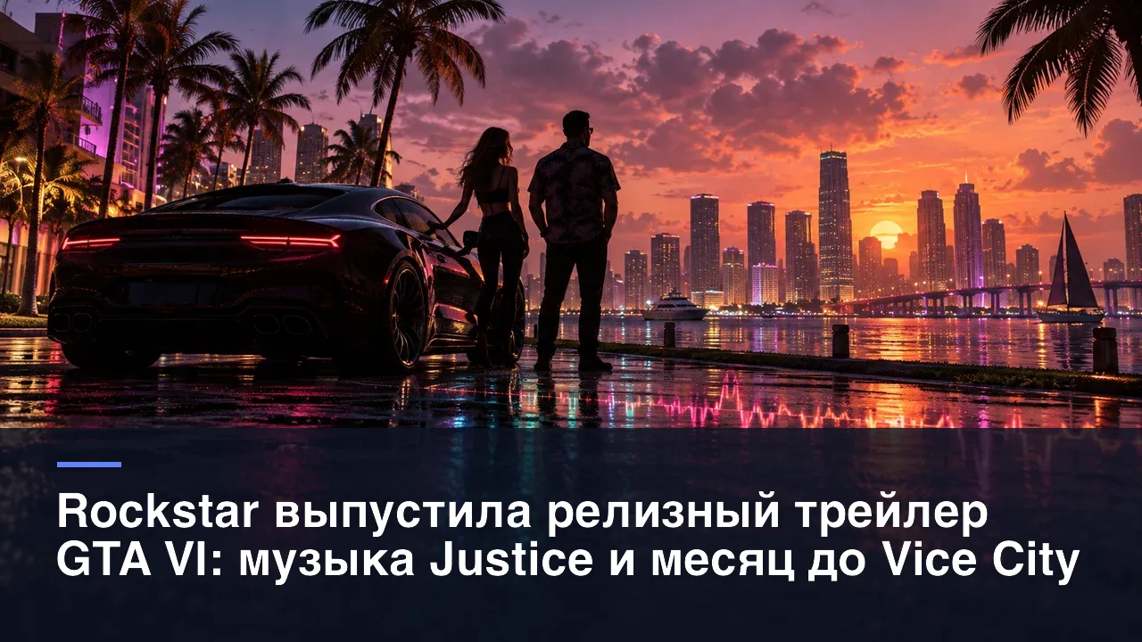 Rockstar выпустила релизный трейлер GTA VI: музыка Justice и месяц до Vice City — оригинальная редакционная AI-иллюстрация RUSHB, не игровой скриншот