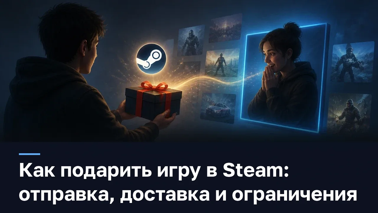 Как подарить игру в Steam: отправка, доставка и ограничения — оригинальная редакционная AI-иллюстрация RUSHB, не игровой скриншот