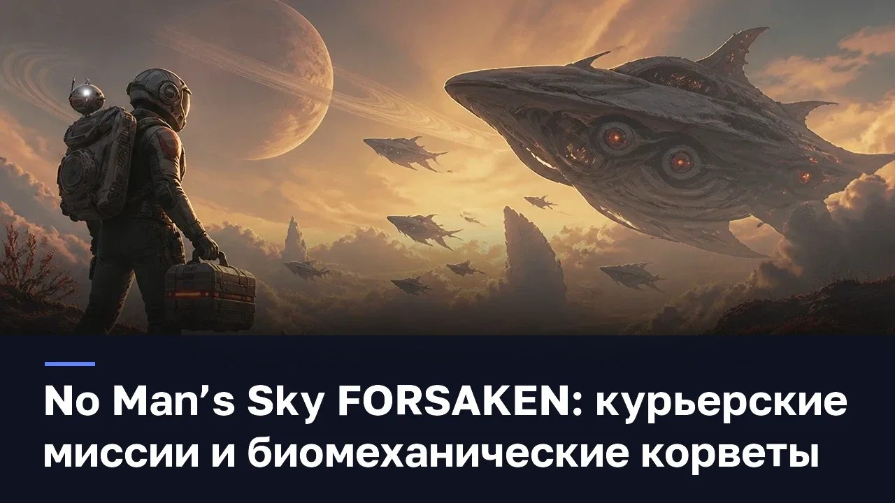 No Man’s Sky FORSAKEN: курьерские миссии и биомеханические корветы — оригинальная редакционная AI-иллюстрация RUSHB, не игровой скриншот