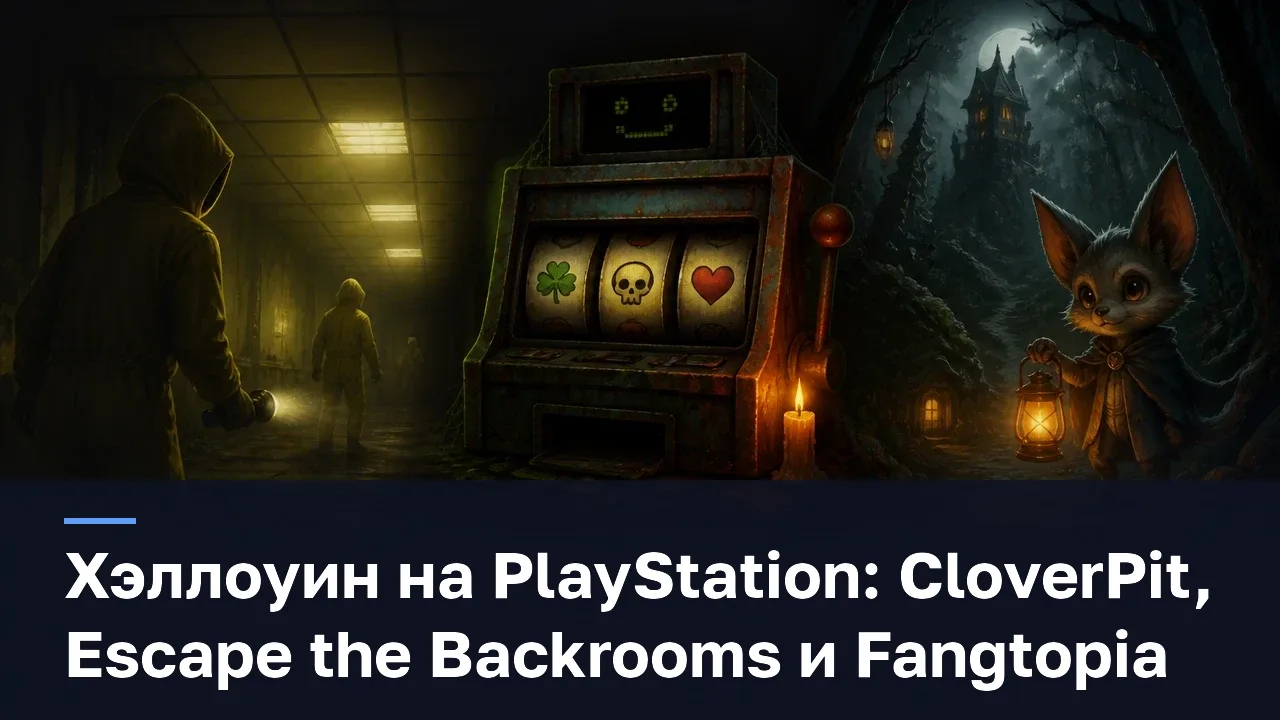 Хэллоуин на PlayStation: CloverPit, Escape the Backrooms и Fangtopia — оригинальная редакционная AI-иллюстрация RUSHB, не игровой скриншот