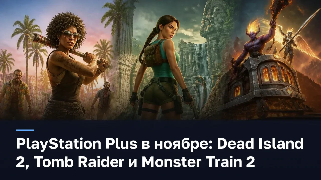 PlayStation Plus в ноябре: Dead Island 2, Tomb Raider и Monster Train 2 — оригинальная редакционная AI-иллюстрация RUSHB, не игровой скриншот