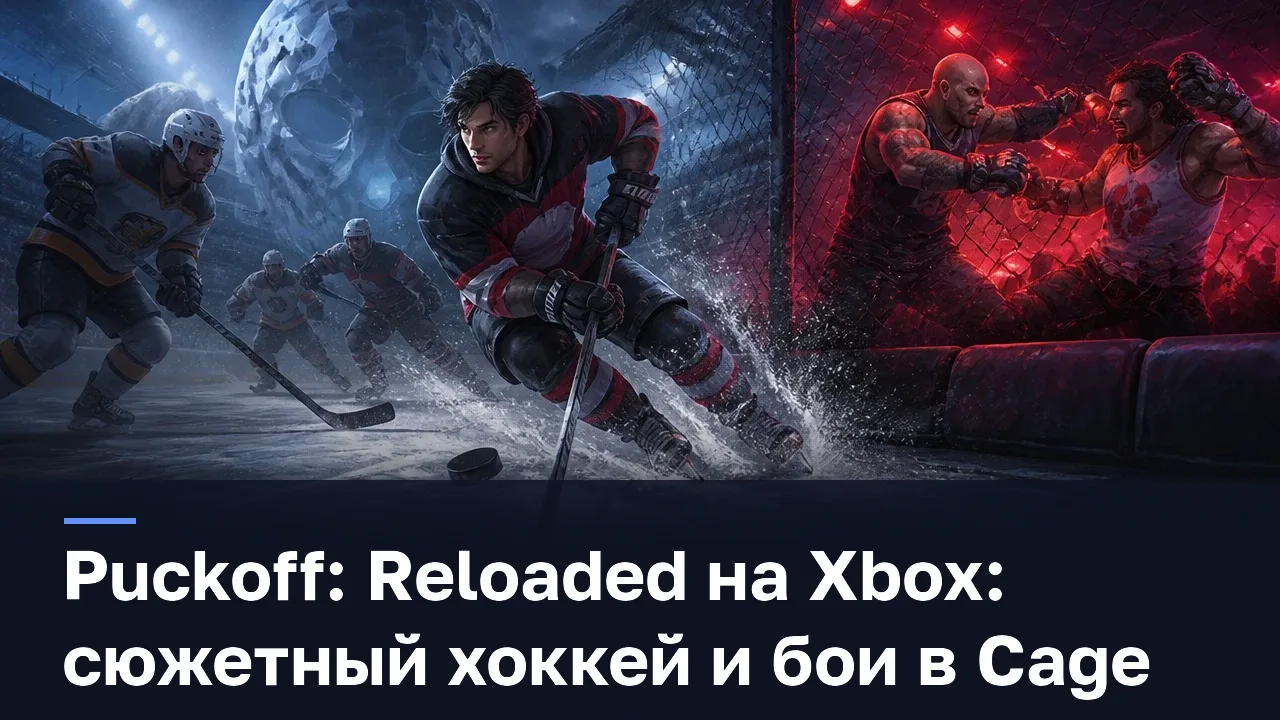 Puckoff: Reloaded на Xbox: сюжетный хоккей и бои в Cage — оригинальная редакционная AI-иллюстрация RUSHB, не игровой скриншот