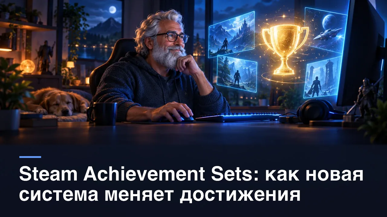 Steam Achievement Sets: как новая система меняет достижения — редакционная AI-иллюстрация RUSHB, не игровой скриншот