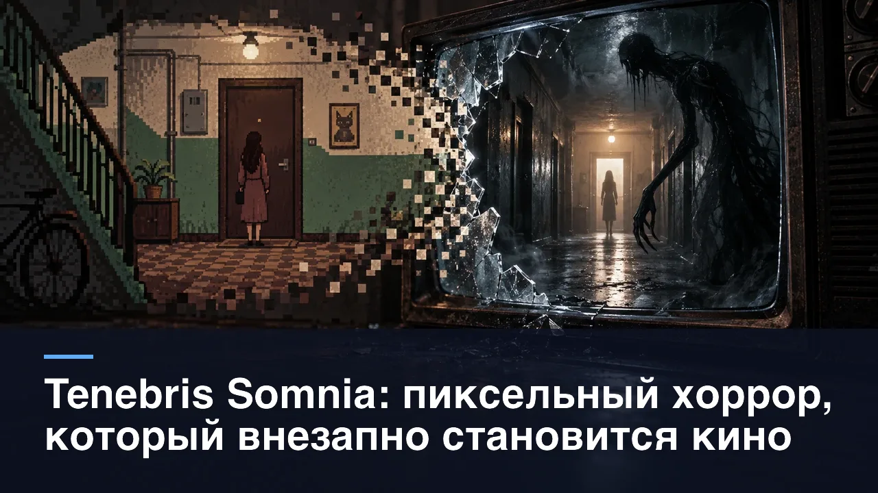 Tenebris Somnia: пиксельный хоррор, который внезапно становится кино — индивидуальная редакционная AI-иллюстрация RUSHB, не игровой скриншот