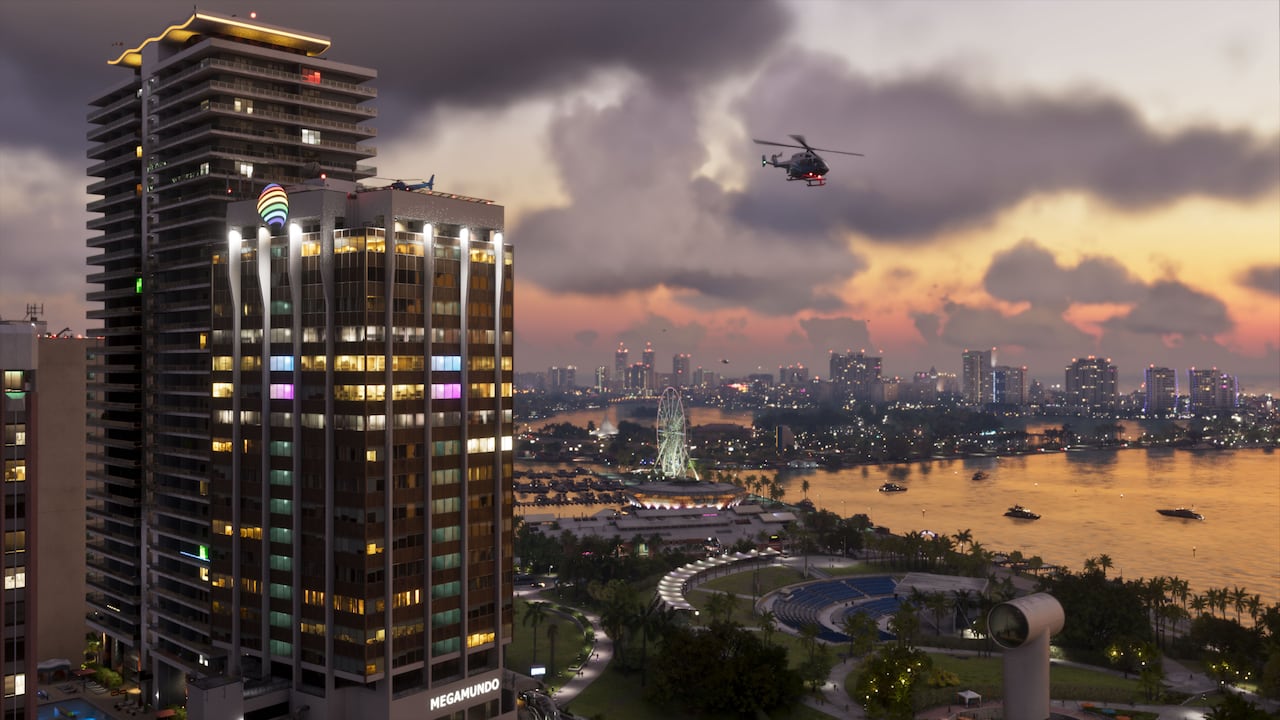 Вертолёт над высотками и заливом Vice City на закате в GTA VI